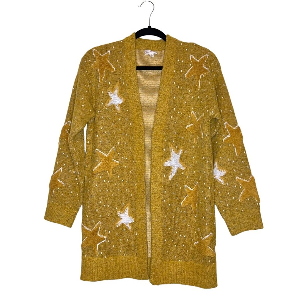 Hem & Thread Star Open Front Crewel Yellow Cardigan Womens Size S